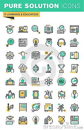 Modern thin line icons set of distance education, online learning, e-books Vector Illustration