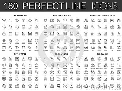 180 modern thin line icons set of household, home appliances, building construction, real estate, design tools Vector Illustration