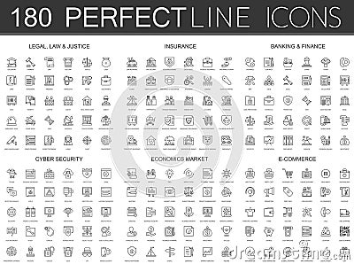 180 modern thin line icons set of legal, law and justice, insurance, banking finance, cyber security, economics market Vector Illustration
