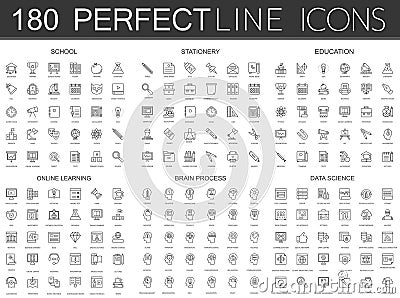 180 modern thin line icons set of school, stationery, education, online learning, brain process, data science. Vector Illustration