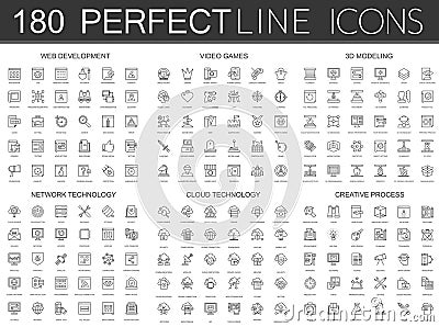 180 modern thin line icons set of web development, video games, 3d modeling, network technology, cloud data technology Vector Illustration