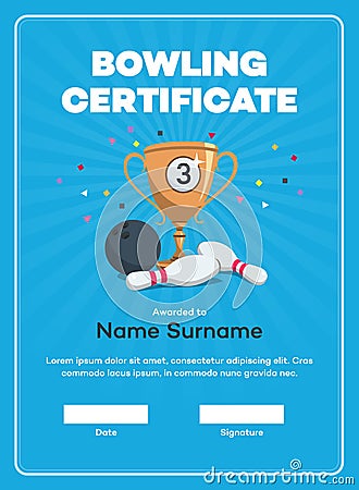 Modern third place bowling certificate diploma with a bronze winning cup and place for your content Vector Illustration