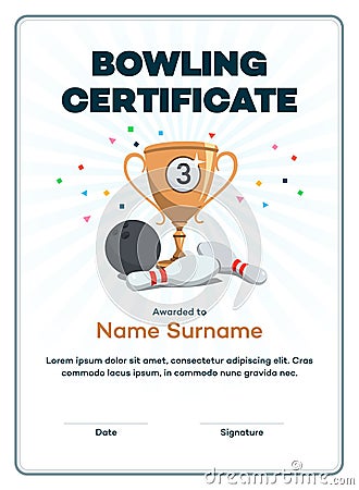 Modern third place bowling certificate diploma with a bronze winning cup and place for your content Vector Illustration