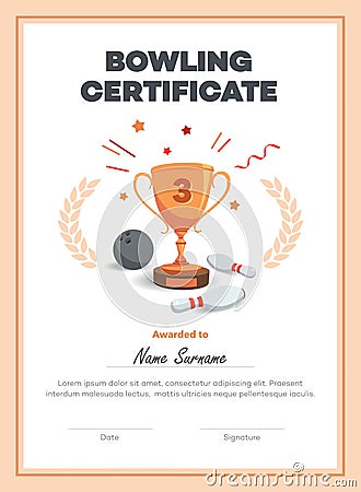 Modern third place bowling certificate diploma with place for your content Vector Illustration