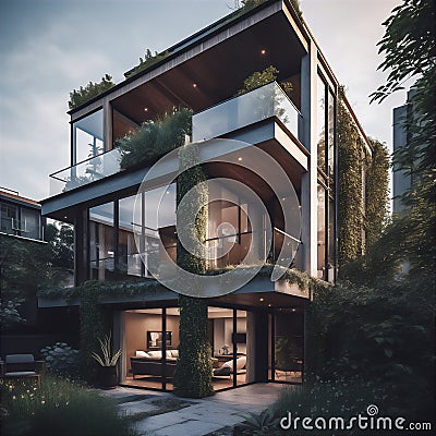 Modern three-story house with big windows and lots of greens. AI generative image Stock Photo