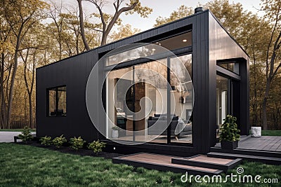 modern tiny home with sleek and minimalist design, featuring floor-to-ceiling windows and high ceilings Stock Photo