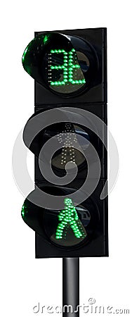 Modern traffic light with timer and pedestrian signals isolated on white Stock Photo
