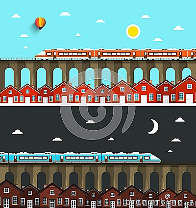 Modern Train on Bridge above City Vector Illustration