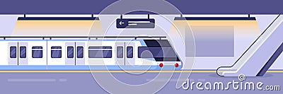 Modern train on empty subway station. Railway metro station indoor interior, vector illustration. Vector Illustration