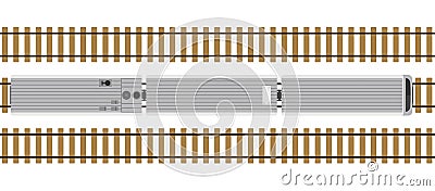 Modern train on rails isolated on white background. Railway station with wagons from above. Top view. Simple realistic style. Vector Illustration