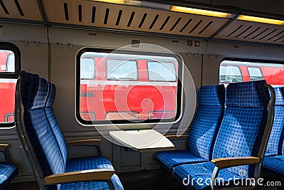 Modern Train Wagon Interior Seats Rows Blue Transportation White Stock Photo