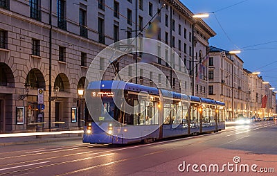 Modern tram in Munich city center - Germany, Bavaria Stock Photo