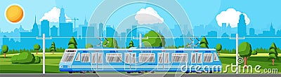 Modern Tram Train Passenger Streetcar Cityscape. Vector Illustration