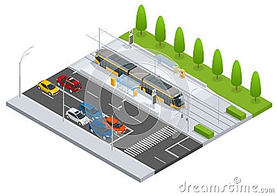 Modern Tramway on the stop and cars on the road Metropolitan mass transit system icons featuring tram car, cable car and Vector Illustration