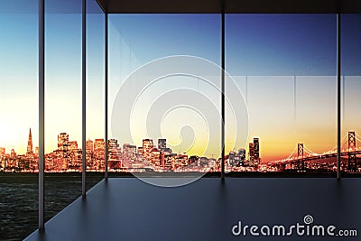 Modern transparent empty room with city view at sunset Stock Photo