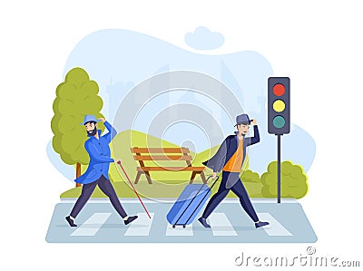 Modern travel people case suitcase hustle crossing avenue road crosswalk traffic light Vector Illustration