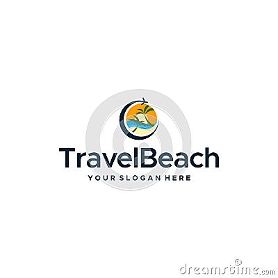 Modern TravelBeach sunrise plane tree logo design Vector Illustration