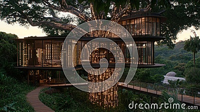 Modern treehouse with integrated lighting in forest Stock Photo