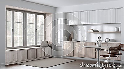 Modern trendy kitchen and dining room in white and bleached tones. Wooden cabinets, contemporary wallpaper and big window. Stock Photo