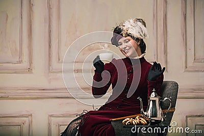 Modern trendy look of Portrait of an Unknown Woman. Retro style, comparison of eras concept. Stock Photo