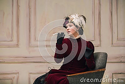 Modern trendy look of Portrait of an Unknown Woman. Retro style, comparison of eras concept. Stock Photo