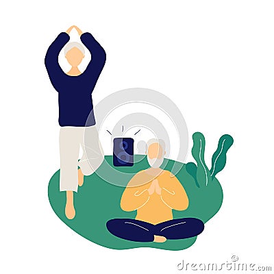 Couple of old people doing yoga and meditating Vector Illustration