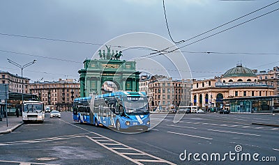 A modern trolleybus on Stachek Square at the Narva Gate, Saint Petersburg Editorial Stock Photo