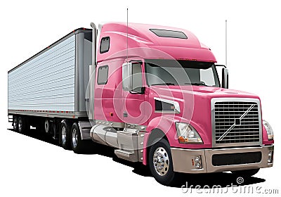 Modern truck Volvo VT880 with semi-trailer and pink cab. Stock Photo