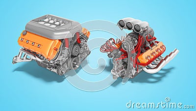 Modern turbo engine and supercharger engine 3d render on blue background with shadow Stock Photo