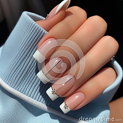 Sleek and chic: modern french manicure with delicate charm detail Stock Photo