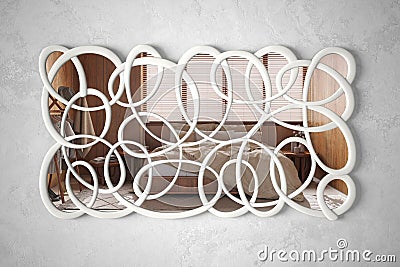 Modern twisted shape mirror hanging on the wall reflecting interior design scene, modern bedroom with wooden walls and master bed Stock Photo
