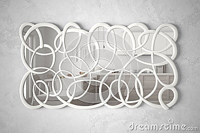 Modern twisted shape mirror hanging on the wall reflecting interior design scene, bright wooden kitchen with island, minimalist wh Stock Photo