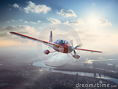 modern two-seat electric plane flies over the city in the sunset Stock Photo