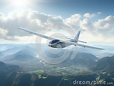 modern two-seat electric plane flies over the city in the sunset. Stock Photo
