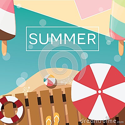 Modern typographic summer poster design with ice cream, beach and geometric elements Vector Illustration