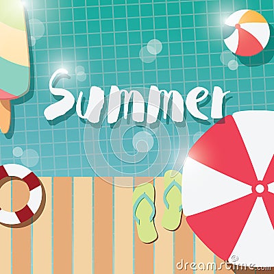 Modern typographic summer poster design with ice cream, swimming pool and geometric elements Vector Illustration