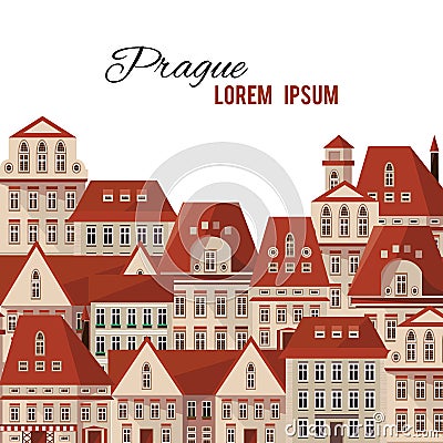 Modern typography Prague town houses red roofs panorama Cartoon Illustration