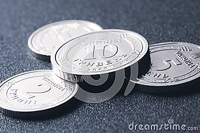 Modern Ukrainian coins on dark textured background Stock Photo