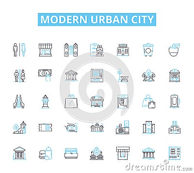 Modern urban city linear icons set. Skyscrapers, Diversity, Traffic, Graffiti, Pollution, Nightlife, Architecture line Vector Illustration