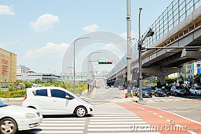 Modern urban landscape with pedestrian crossing in Suwon, Korea Editorial Stock Photo