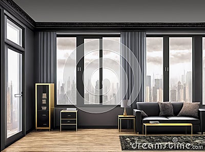 Modern urban living room with minimalist design, adorned with opulent golden accents for a touch of luxury Stock Photo