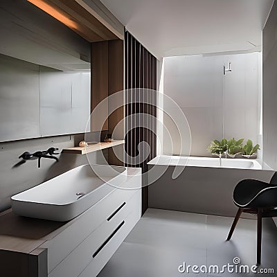 A modern urban oasis bathroom with concrete walls, sleek fixtures, and minimalist design2 Stock Photo