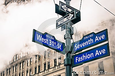 Modern urban street sign and vapor steam in New York City Stock Photo