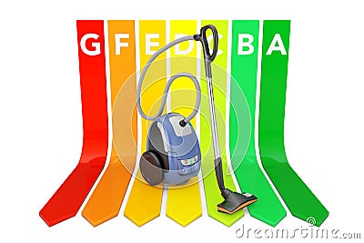 Modern Vacuum Cleaner over Energy Efficiency Rating Chart. 3d Re Stock Photo