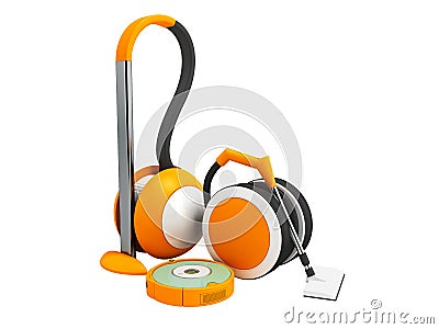 Modern vacuum cleaners with hoses and vacuum cleaner robot orange with white insets 3D render on white background no shadow Stock Photo