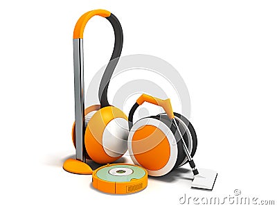 Modern vacuum cleaners with hoses and vacuum cleaner robot orange with white insets 3D render on white background with shadow Stock Photo