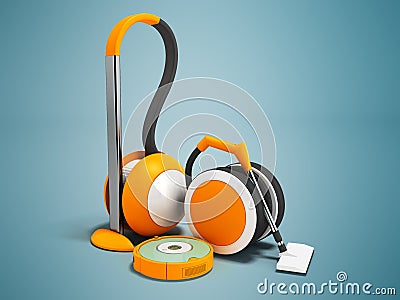 Modern vacuum cleaners with hoses and vacuum cleaner robot orange with white insets 3D render on blue background with shadow Stock Photo