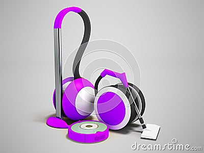 Modern vacuum cleaners with hoses and vacuum cleaner robot purple with white insets 3D render on gray background with shadow Stock Photo