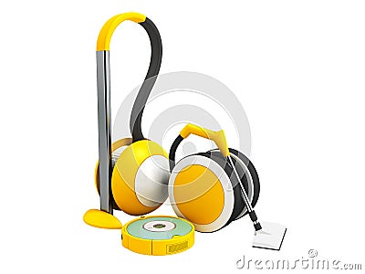 Modern vacuum cleaners with hoses and vacuum cleaner robot yellow with white insets 3D render on white background no shadow Stock Photo