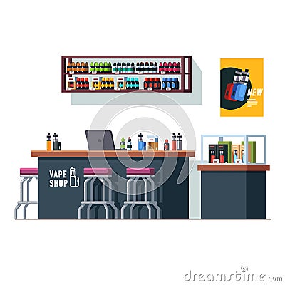 Modern vape shop with counter desk and storefront Vector Illustration